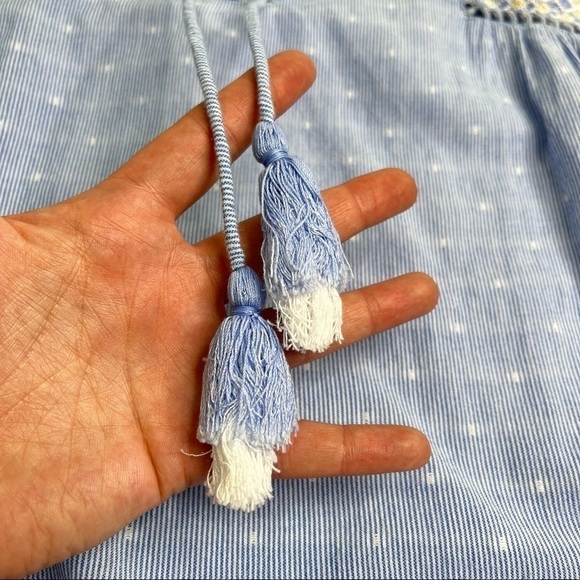 Rungolee Boho Blue Chambray Cottagecore Embroidered Bell Sleeve Tassel Dress - Picture 7 of 17